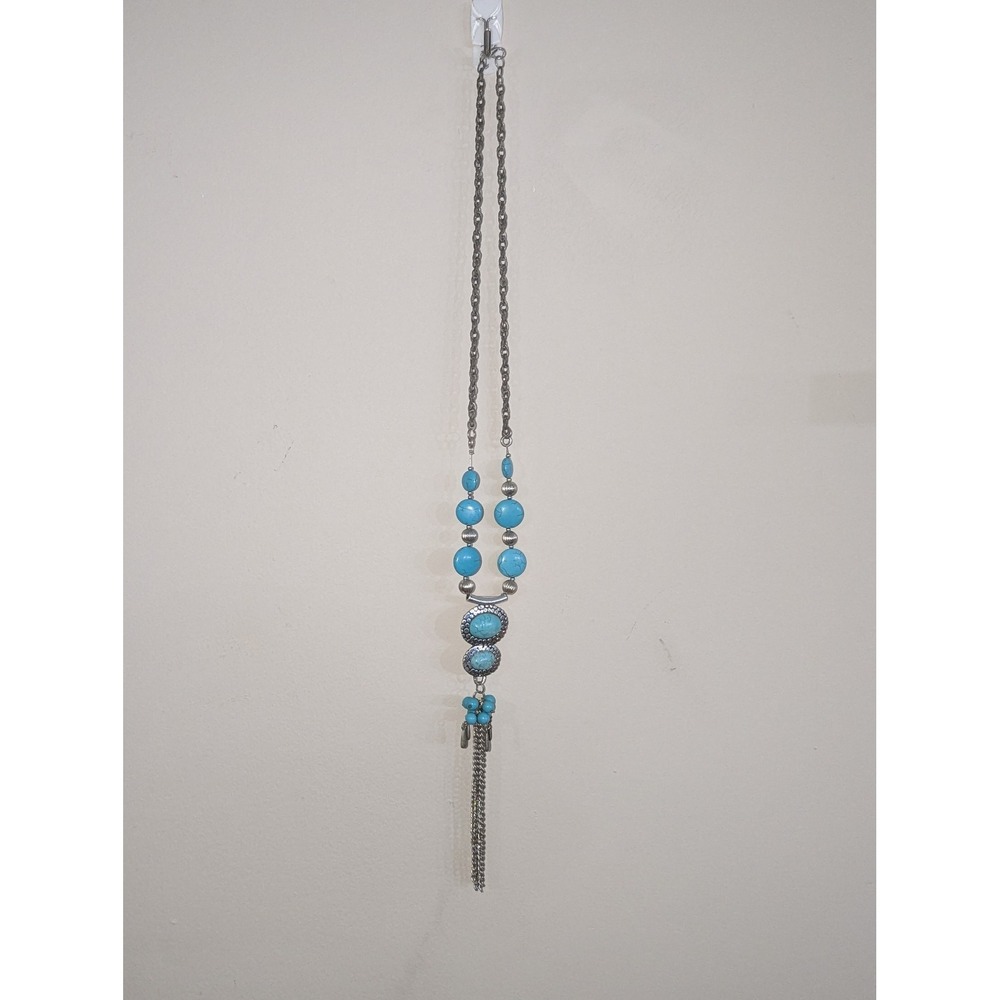 Tassel Necklace Blue Faux Turquoise Beaded Silver Tone Bohemian Southwestern